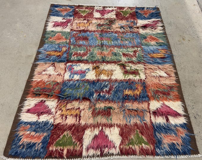 handmade Moroccan 5x7 long pile kilim rug - afghan hand knotted wool rug - livingroom rug - tribal home decor rug - tree animal print rug