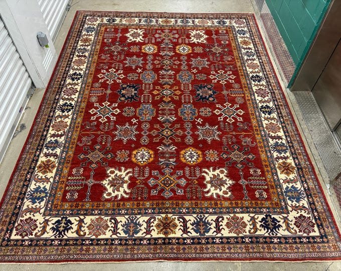 9x12 Red color kazak rug - Afghan hand knotted wool rug - rug for livingroom - bedroom rug - Oriental rug - area rug - home decor tribal rug