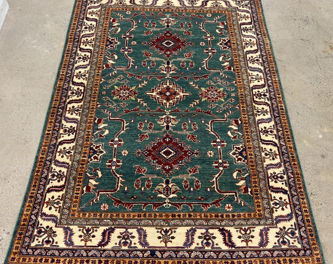 Beautiful traditional floral Green kazak rug 5x7  - natural veg dyes wool rug - rugs for living room - bedroom rugs - oriental rug
