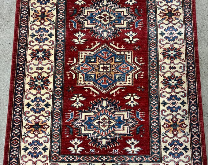 3x4 traditional red kazak rug - tribal afghan hand knotted wool oriental rug - natural color dyes rug - entryway rug - bathroom rug