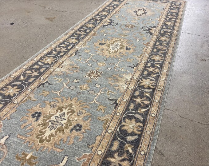 11 ft ethnic tribal chobi soft light pastel blue runner rug - afghan hand knotted wool oriental runner rug - hallway rug, kitchen runner rug