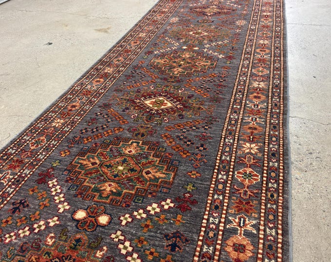 14ft Elegant Grey Kazak Runner Rug - Afghan hand knotted wool oriental rug, Entryway Rug, hallway Home Decor rug - Corridor Rug- kitchen rug