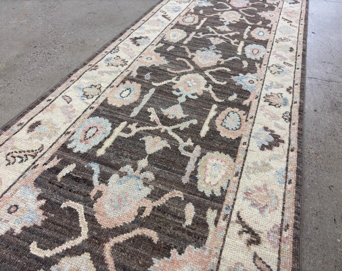 13 ft tribal oushak black brown runner afghan hand knotted wool rug - oriental runner rugs - hallway rug - kitchen rug - entryway runner rug