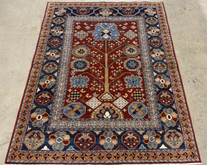 5x7 Beauty vintage red navy blue rug - Persian style tribal hand knotted wool rug - rug for living room - bedroom area rug - kitchen rug