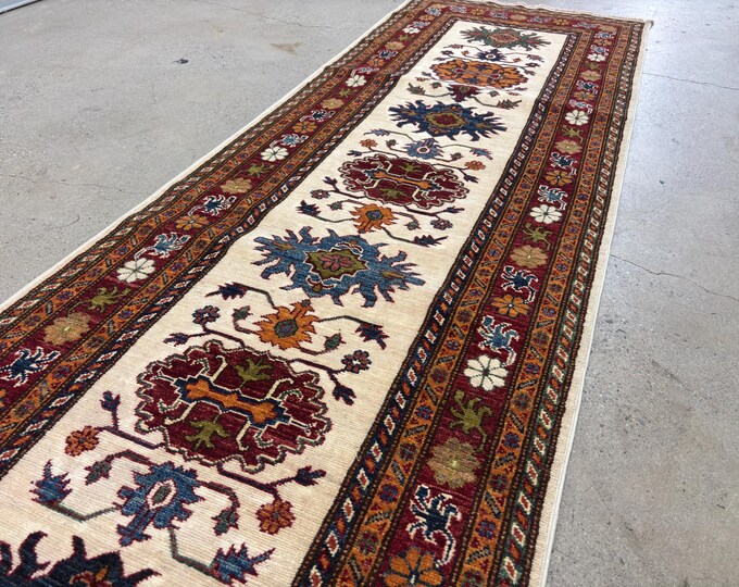 11 ft caucasian cream Kazak Runner Rug - Afghan hand knotted - Entryway Rug - hallway rugs - Home Decor kitchen runner rug - Corridor Rug