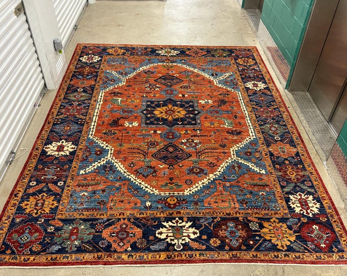 9x12 Rust Red Heriz Rug - Afghan Persian style Hand Knotted Veg dyes Wool Area Medallion Rug - Bedroom Rug - Rugs for Living room - 9 x11'8"