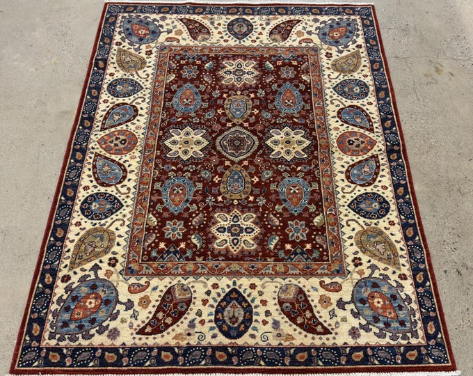 5x7 tribal Suzani red navy blue rug - Persian style afghan hand knotted oriental rug - natural veg dye wool rug - kitchen, living room rug