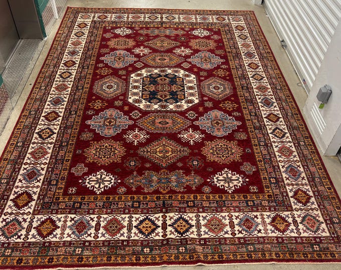 9x12 beautiful red kazak rug - Afghan handmade wool rug - oriental rug - rugs for livingroom - bedroom rug - tribal area rug - vintage rug