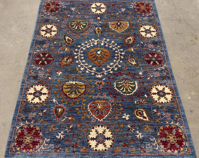 5x7 traditional Suzani blue rug - Persian style afghan hand knotted oriental rug - natural veg dye wool rug - kitchen rug , living room rugs