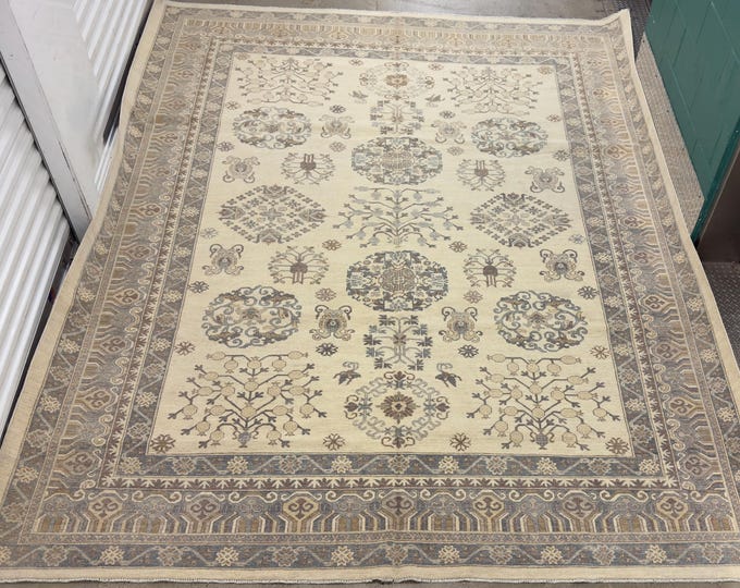 10x14 tribal Chinese design pomegranate ivory gray khotan rug - Natural veg dyes wool, Afghan handmade wool rug, bedroom rug, livingroom rug