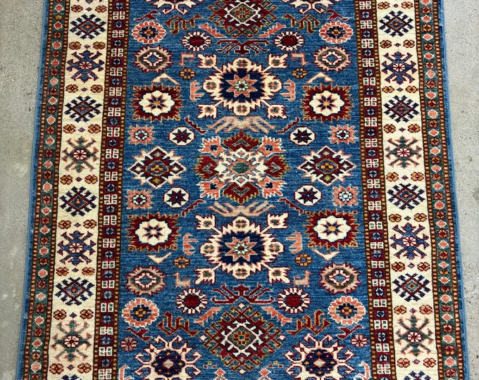 3x5 light blue tribal geometric red rug hand knotted wool oriental rug - natural color dye wool rug - kids room decor rug - bathroom rug