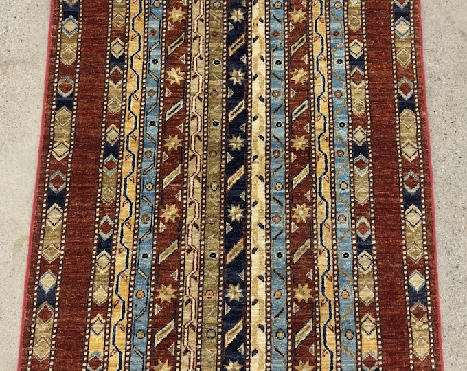 3x5 Stunning tribal Rust Shawl Pattern rug - Afghan Hand knotted natural Veg dye Wool Striped Rug, Boho Rug - kitchen Rug - Living Room rug