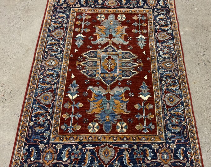 4x6 ft traditional floral red navy blue rug - Persian style afghan hand knotted oriental rug - natural veg dye wool rug - livingroom rug