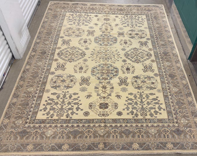 9x12 Chinese design pomegranate ivory gray khotan rug - Natural veg dyes wool oriental rug, Afghan handmade rug, bedroom rug, livingroom rug