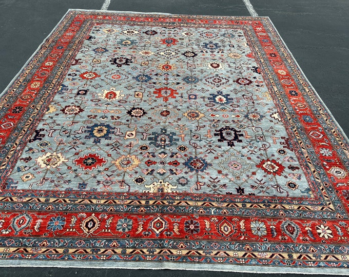 12x15 Oversize Blueish Gray Serape Area Rug - Persian Style Afghan Hand knotted Wool Oriental Rug - Rugs for living room - rugs for Bedroom
