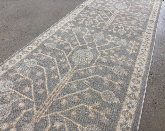 Tribal pomegranate pastel gray khotan rug - Natural veg dyes wool oriental rug, Afghan hand knotted oriental runner rug, hallway rug 2'8x9'7