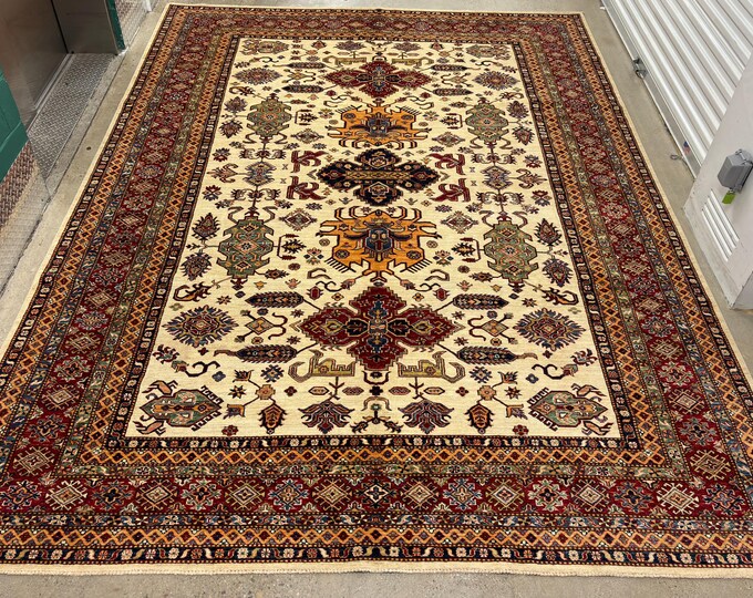 9x12 ivory tribal fine kazak rug - rugs for livingroom - bedroom rug - afghan handwoven rug - natural colors wool rug - area rug - floor rug