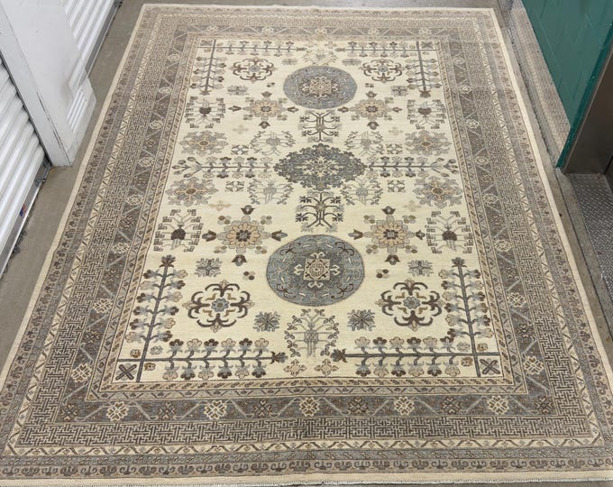 9x12 tribal pomegranate ivory gray khotan rug - Natural veg dyes wool oriental rug - Afghan handmade rug - bedroom rug - living room rugs