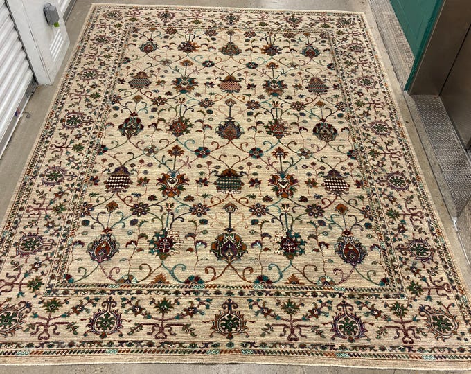 9x12 Beige Waziri Area Rug - Afghan Persian Style Hand Knotted wool Oriental Rug - Bedroom Rug - Living Room Rug - Grey carpet - 9"x11'5" ft