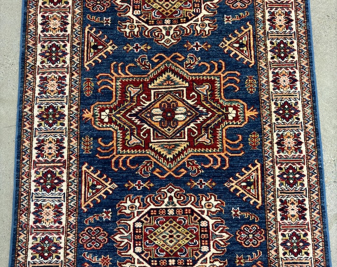 3x5 blue tribal geometric  rug hand knotted wool oriental rug - natural color dye wool rug - kids room decor rug - bathroom rug - 3'5x4'11