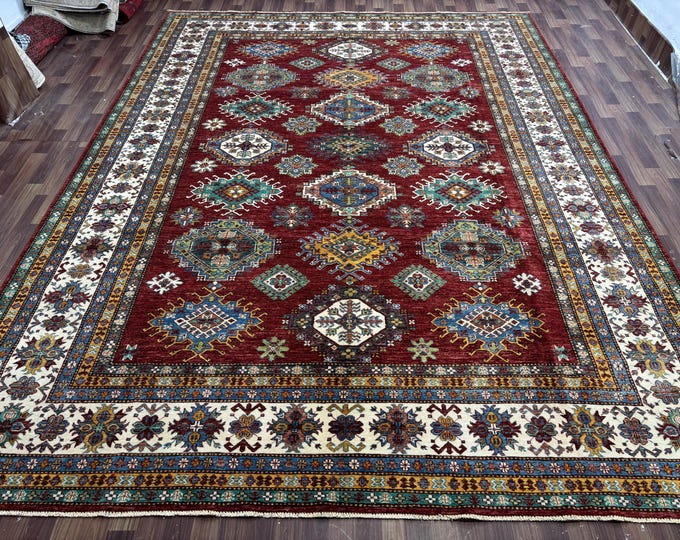 Afghan Handmade Red White Kazak Rug 9x12 ft - Tribal Bohemian Rug - Authentic Wool Area Rug - Large Floor Covering - rugs for livingroom