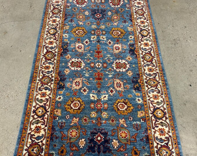 23 ft tribal chobi blue long runner rug afghan hand knotted wool rug - oriental runner rug - hallway rug - kitchen rug - entryway runner rug
