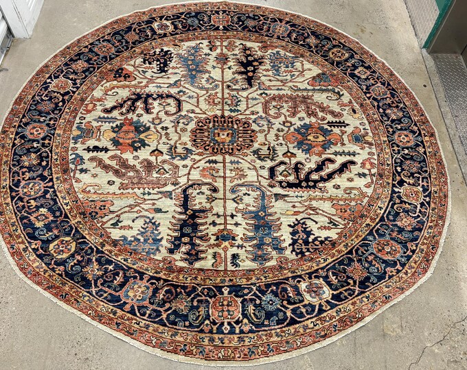 9x9 Circle Soft Gray Oriental rug - Afghan Hand Knotted wool rug - dining room rug - under table rug - livingroom rug - tribal Persian rug