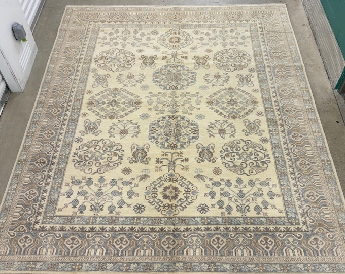 8x10 tribal Chinese design pomegranate ivory gray khotan rug - Natural veg dyes wool, Afghan handmade wool rug, bedroom rug, livingroom rug