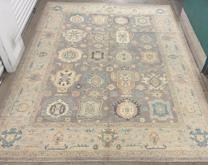 9x12 soft pastel gray handmade oushak rug - vintage floral bedroom decor rug - hand knotted natural veg dyes wool rug - rugs for living room