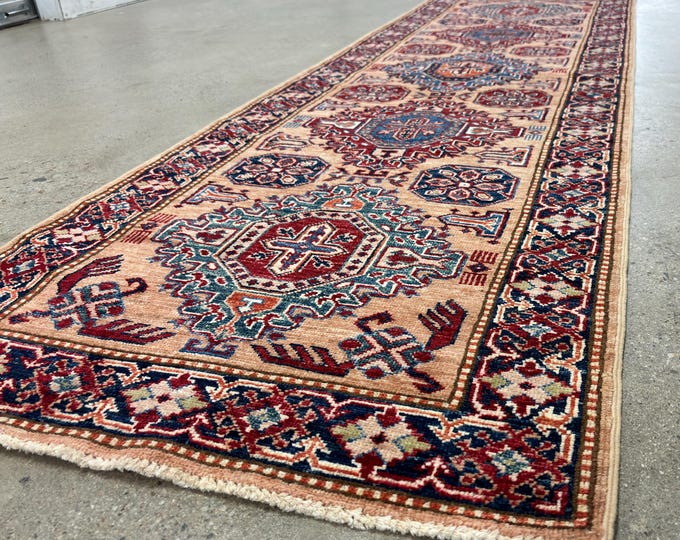 8 ft Gold blue Kazak Runner Rug - Afghan hand knotted wool oriental rug, Entryway Rug - hallway rug - Home Decor- Corridor Rug - kitchen rug