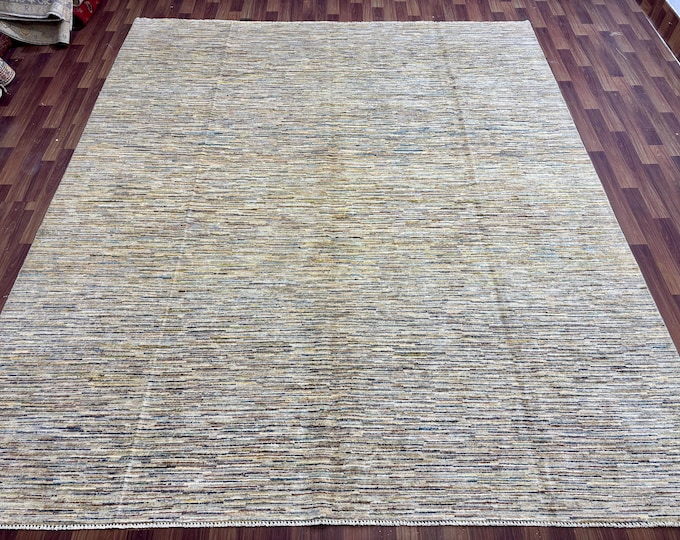 Hand Knotted Afghan Gray Wool Gabbeh Area Rug 8'2x8'9 Ft, Modern Bohemian Rug, Vintage Boho Striped Rug, rug for Living Room - Bedroom Rug