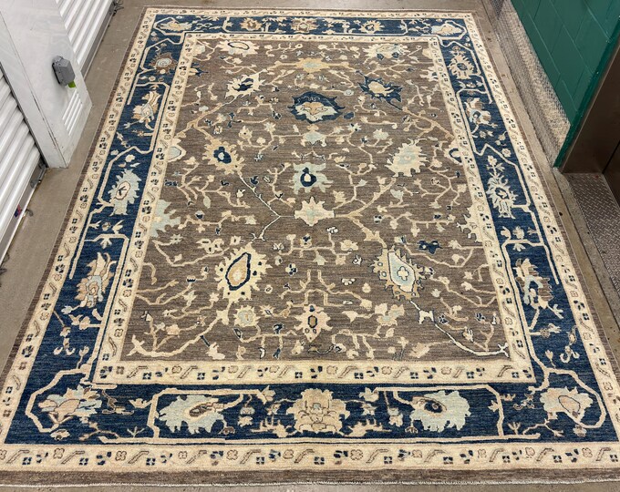 9x12 Taupe Gray  Navy blue Oushak Rug - Oriental rug - rugs for livingroom - bedroom rug - area rug - Turkmen hand woven rug - flooring art