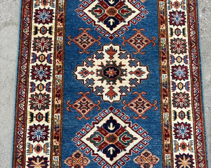 3x4 light blue tribal geometric red rug hand knotted wool oriental rug - natural color dye wool rug - kids room decor rug - bathroom rug