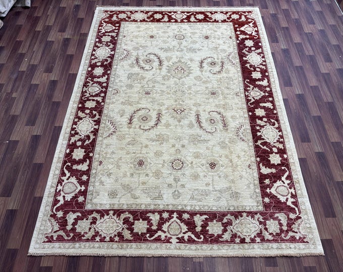 6x9 stunning Ivory Red tribal floral oushak rug - afghan hand knotted wool chobi oriental rug - natural dyed wool area rug - bedroom rug