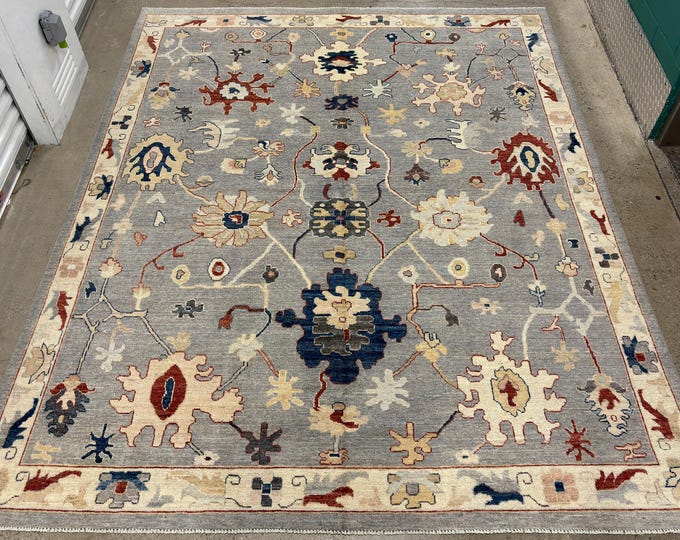 tribal soft light grey oushak floral rug 8x10 - oriental area rug - hand knotted natural dye wool rug - rugs for living room dining room rug