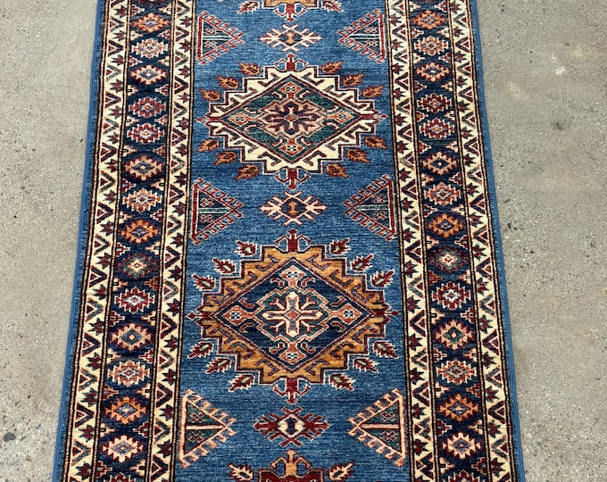 8 ft light blue Kazak Runner Rug - Afghan hand knotted - Kazak Runner - Entryway Rug - hallway rug - Home Decor- Corridor Rug - kitchen rug