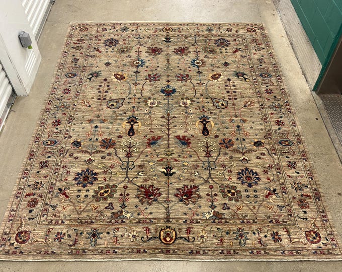 8x10 tribal tan gray Waziri rug - afghan hand knotted floral wool oriental rug - rugs for living room - bedroom decor rug - traditional rug