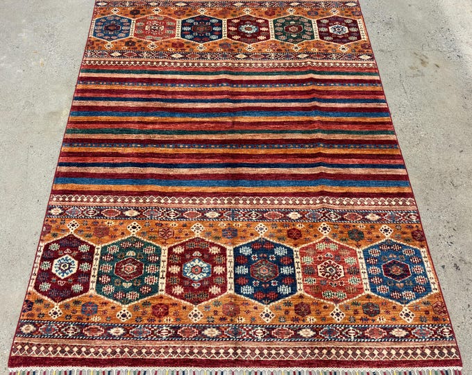 5x7 Multicolor Tribal Area Rug - Afghan Hand knotted Natural dyes Wool Rug Carpet - Rugs for living room - Bedroom Rug - Stripe rug entryway