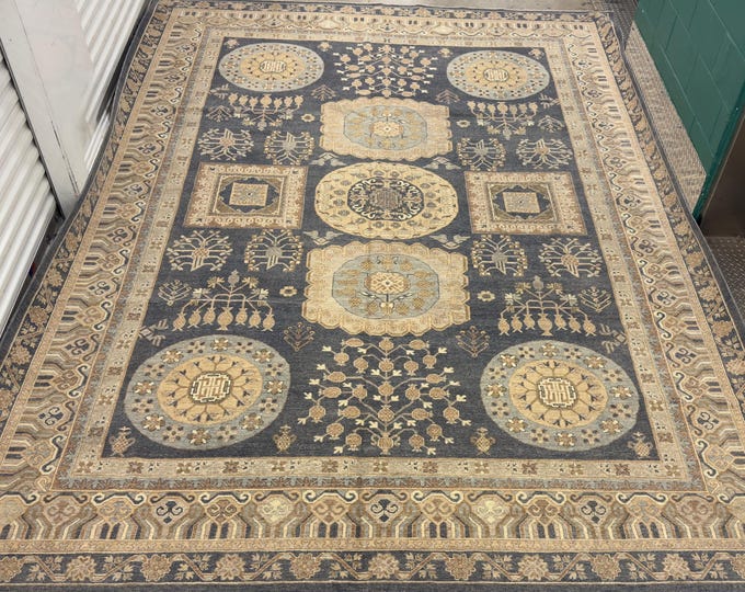 10x14 tribal geometric dark gray Khotan Pomegranate rug - afghan hand knotted wool rug - rug for livingroom - bedroom rug - large area rug