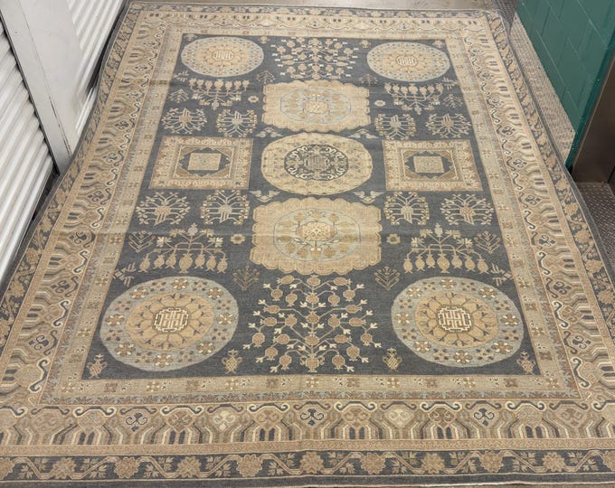 10x14 Unique medallion dark gray khotan pomegranate rug - Oreintal Rug, afghan hand woven wool rug - bedroom decor rug - rugs for livingroom