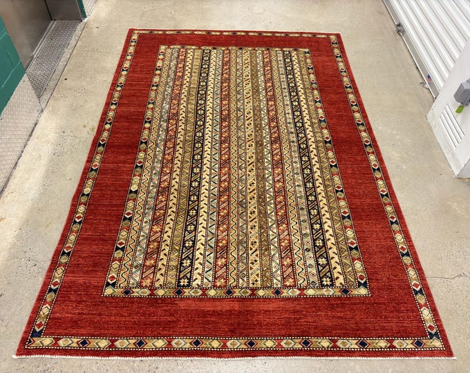 7x10 Red Turkish Area Rug Shawl Pattern Hand knotted natural Veg dye Wool Striped Tribal Rug - Boho Rug - Bedroom Rug - Rugs for Living Room