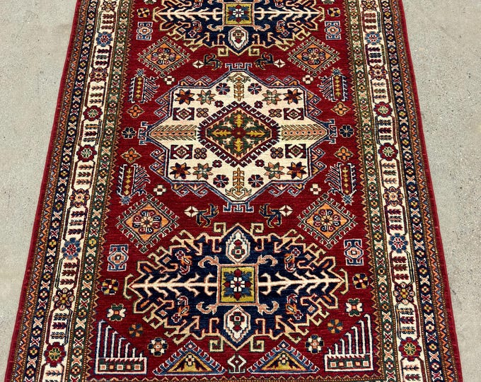 4x6 stunning tribal Red Kazak rug vintage area rug - floral afghan handmade rug - rug for Kitchen - rug for living room - traditional rug