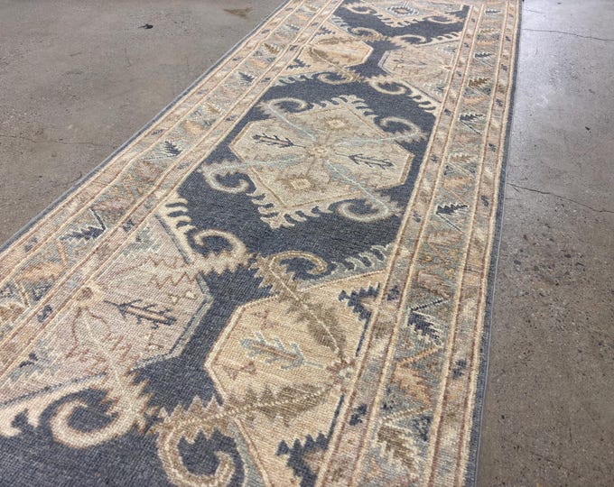 10 Ft Gray tribal oushak Oriental Runner Rug, Caucasian Style Afghan Hand knotted Veg dye Wool Hallway runner Rug, Entryway runner, 2'8"x9'8