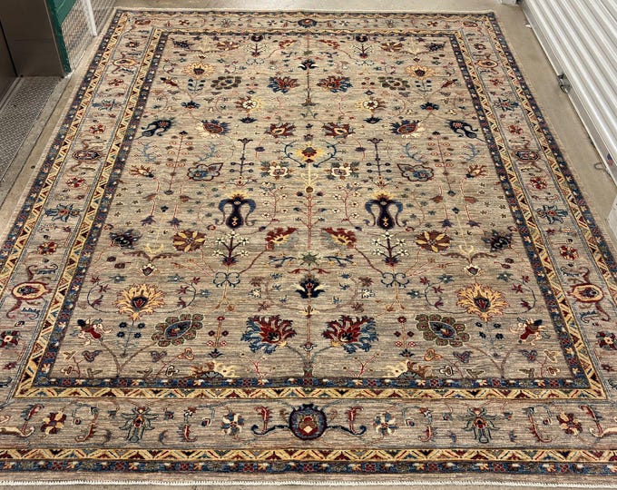 9x12 taupe gray Sultani floral rug - Oriental rug - Afghan hand knotted wool rug - rugs for living room - bedroom rug - dining room rug
