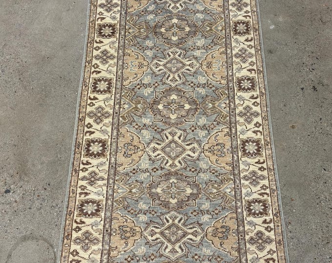 10 ft tribal chobi silver gray runner afghan hand knotted wool rug - oriental runner rugs - hallway rug - kitchen rug - entryway runner rug