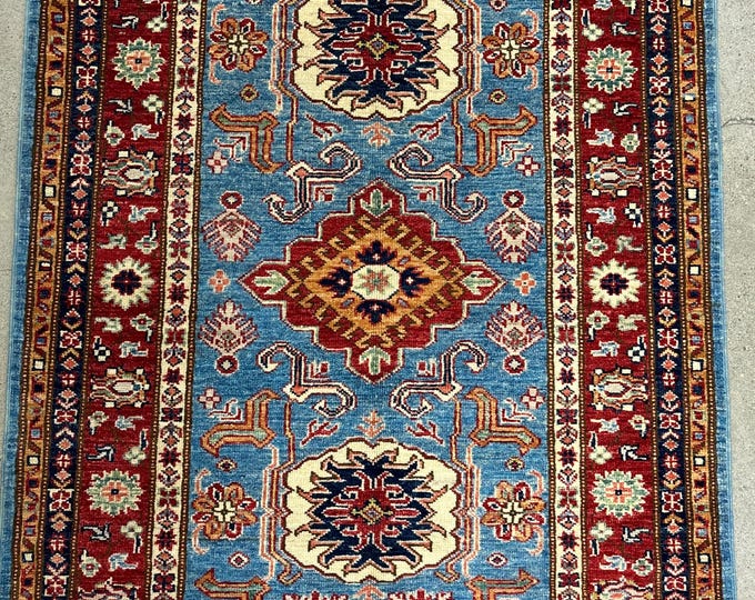 3x5 light blue tribal geometric red rug hand knotted wool oriental rug - natural color dye wool rug - kids room decor rug - bathroom rug