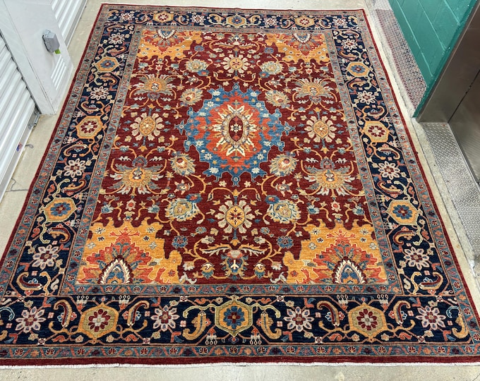 9x12 Serape Red Navy Blue Rug - Persian Style Afghan hand knotted Wool Oriental rug - rug for livingroom - dining room rug - flooring art