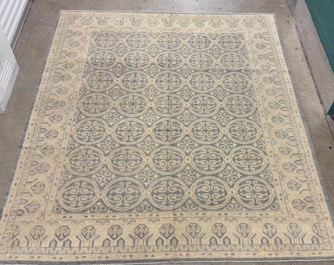 8x10 Vintage khotan Hand Woven Rug, Geometric Design in Natural Dyes on Wool, Unique Accent Piece for Your Space Tribal Turkmen Handmade Rug