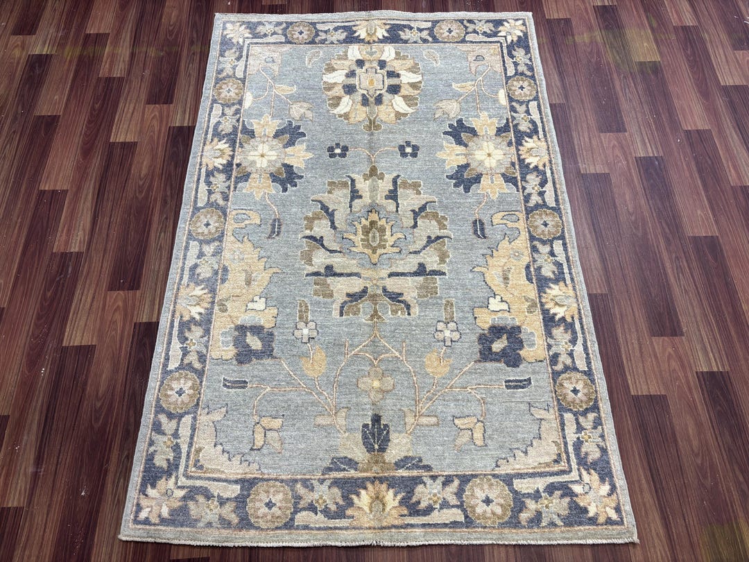 5x4 Beige and Blue Chobi Rug – Hand Knotted Afghan Oushak Wool Area ...