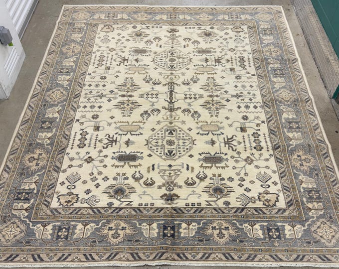 8x10 Unique tribal Nomadic design ivory chobi Oushak rug, afghan hand knotted wool oriental rug, bedroom rug, livingroom rug, diningroom rug